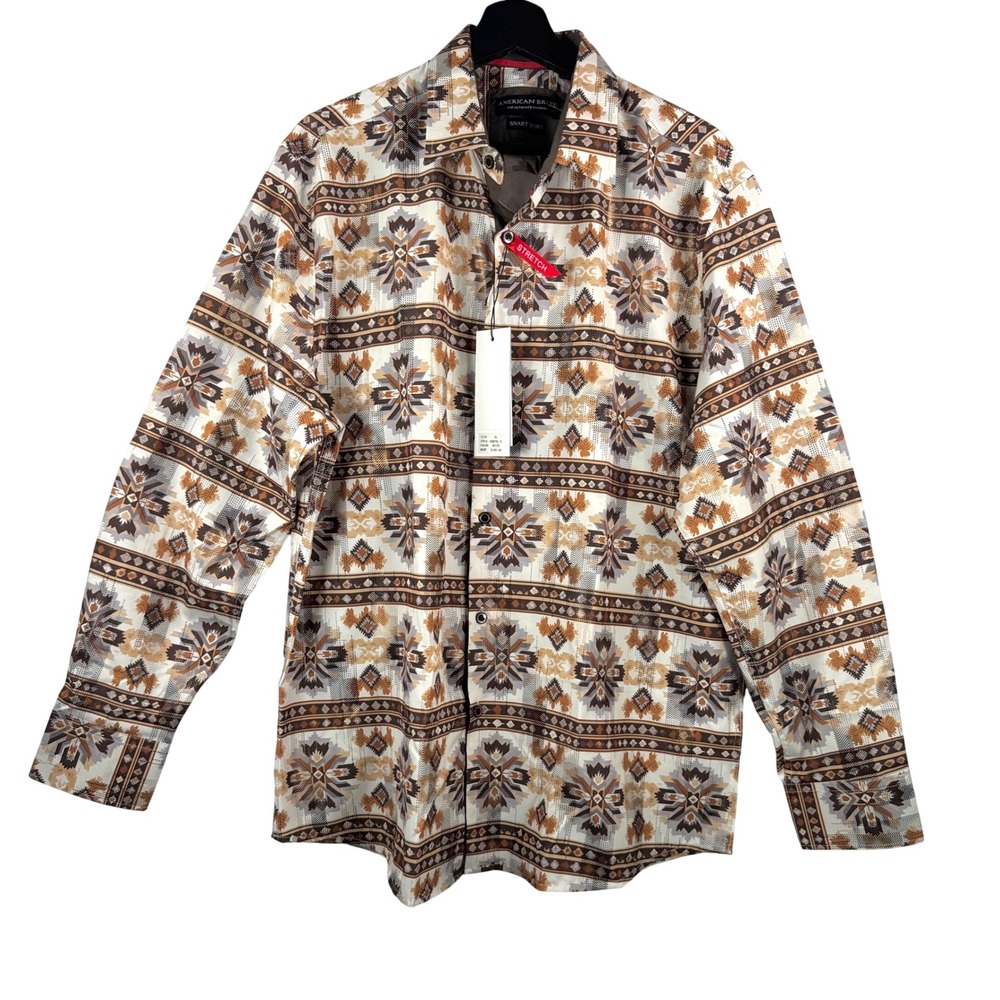 American‎ Breed Smart Shirt sz L Beige Southwestern Geometric Print athleisure